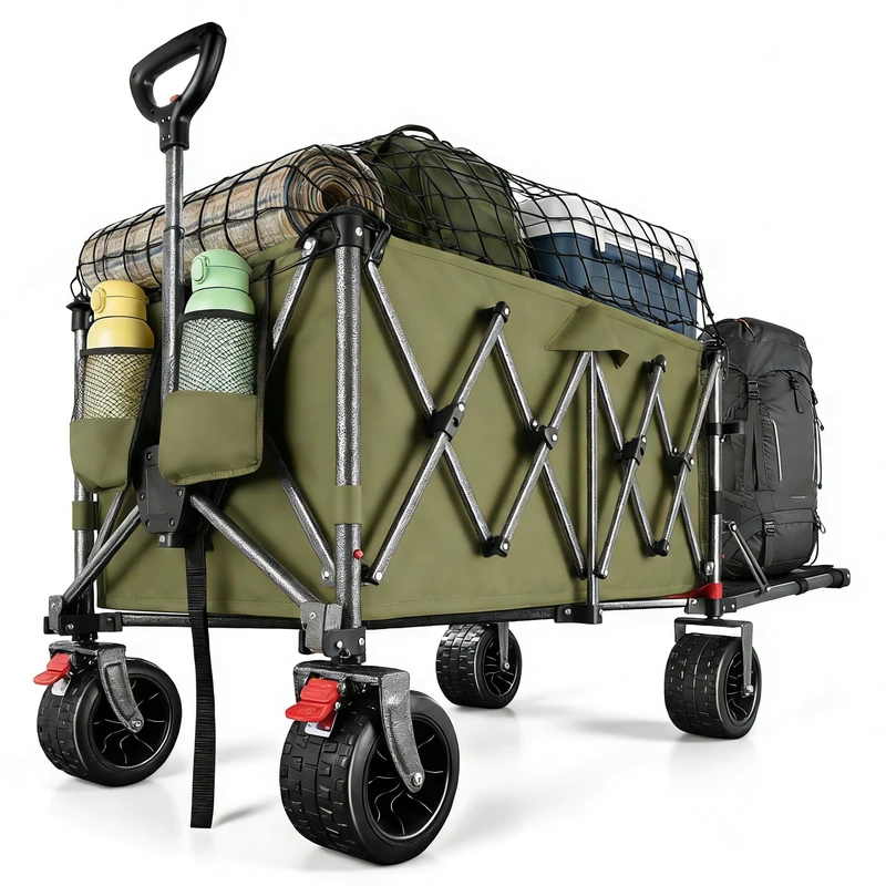 Festival Trolley on Wheels, 130-240L Folding Wagon, Portable Camping Cart, Camping Trolley Foldable for Beach Outdoor Garden Shopping Fishing, Rear-Opening Design, Front Dual Brake Trolley, Green