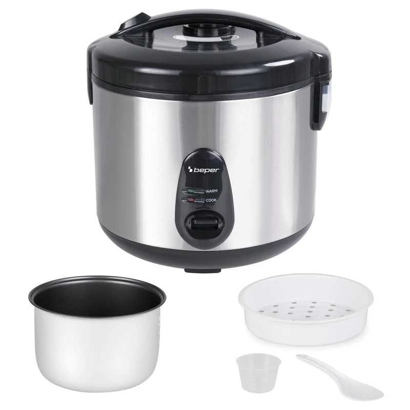 BEPER P101VAP020 Vaporé Max Rice Cooker 1800g, Non-Stick, Keep Warm Function, Steam Cooking, Stainless Steel, Accessories Included, BPA Free