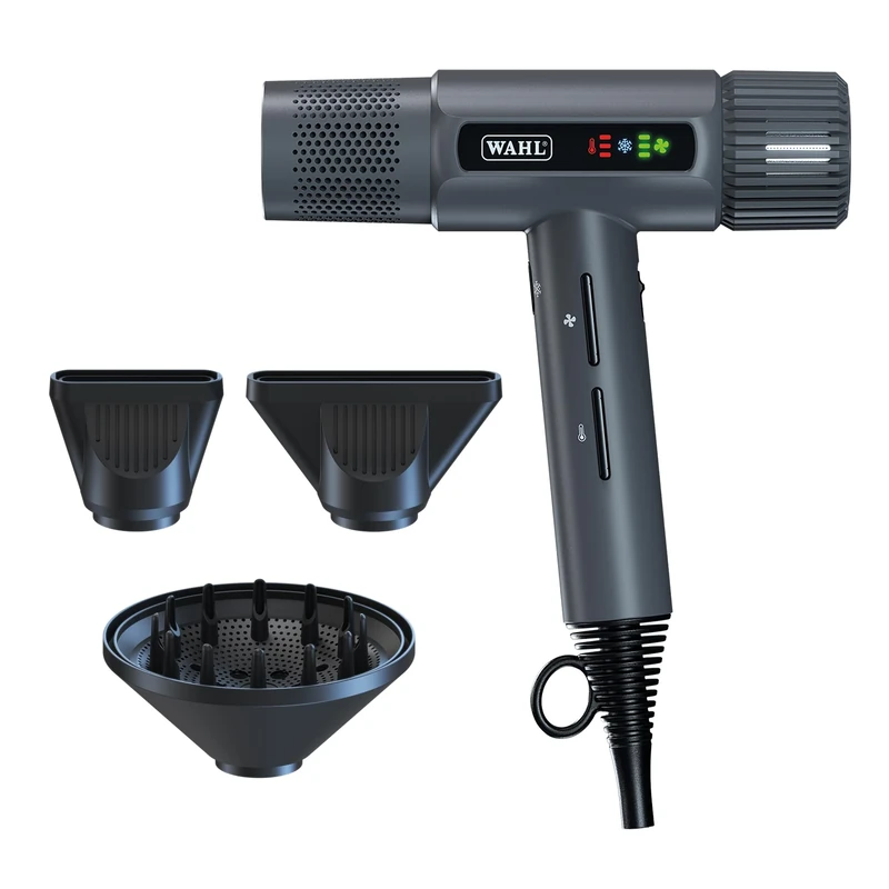 Wahl Vanquish Hair Dryer, Cool Grey, Lightweight, LED Display, Quiet, Professional 3 Attachments, Powerful, Cool Drying, 3 Speed-Settings, Auto-Clean, Even Drying, Quick Dry, Includes Velvet Pouch