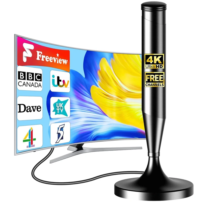 Indoor TV Aerial 2025 Upgrade – Long Range Freeview HD Aerial with 360° Reception, Magnetic Base, Easy Setup, Supports 4K & 1080P for Smart & Older TVs, 16.5ft Coaxial Cable