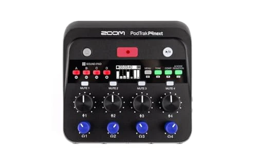 ZOOM PodTrak P4next podcast recorder, 4 XLR microphone inputs, 4 headphone outputs, AI noise reduction, tone and comp effects, telephone input, sound pads, recording to SD, battery or USB power supply