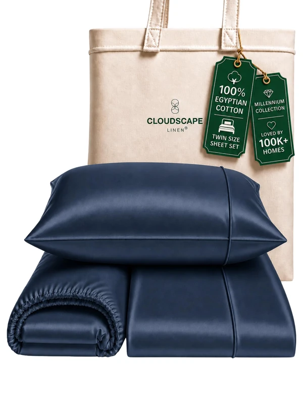 (Millennium Series) Cloud Scape 100% Egyptian Cotton Sheets Twin Size, 3 Pieces Breathable, Naturally Cooling Bedding Set, Long-Staple Cotton, Lasting Softness, Deep Pocket Fitted Upto 16” Dark Denim