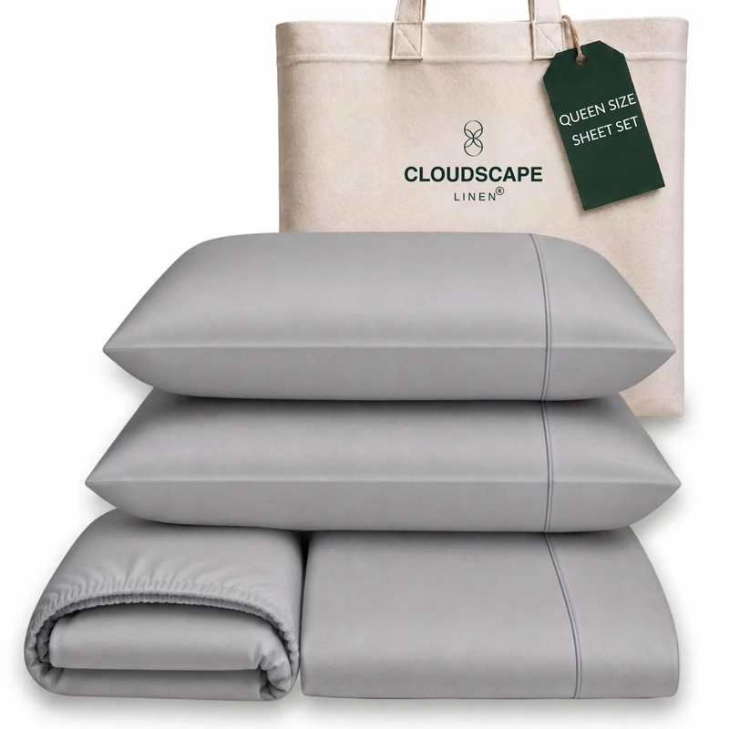 Cloud Scape Linen Engineered Dual-Ply Egyptian Cotton Queen Size Sheet Set – Long-Staple Sateen Weave, 4-Piece Soft Hotel Quality Bedding Set,Deep Pockets Up to 17”, Silver