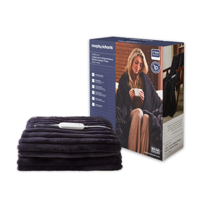 Morphy Richards EverCosy Luxury Striped Fleece Electric Heated Throw, 200x180cm, 9 Heat Settings, Detachable, Teddy/Flannel Fleece, Overheat Protection, Auto Shut Off, Machine Washable, Navy, 610105