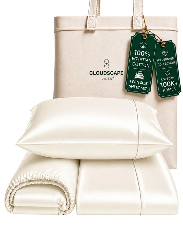 Cloud Scape Linen Engineered Dual-Ply Egyptian Cotton Twin Size Sheet Set – Long-Staple Sateen Weave, 3Pcs Soft Hotel Quality Dorm Essential Bedding Set,Deep Pockets Up to 17”, Ivory