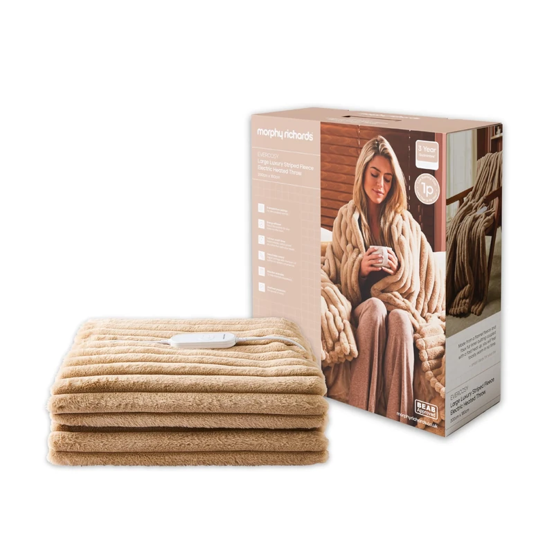 Morphy Richards EverCosy Luxury Striped Fleece Electric Heated Throw, 200x180cm, 9 Heat Settings, Detachable, Teddy/Flannel Fleece, Overheat Protection, Auto Shut Off, Machine Washable, Mocca, 610106