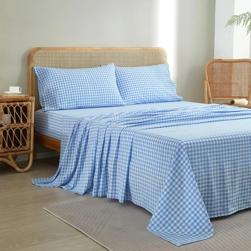 4 Piece Blue Gingham Sheets Set King Size, Lightweight Soft 100% Washed Cotton Blue Plaid King Bed Sheets, Farmhouse Gingham Bedding Grid Sheets Set with 16” Deep Pocket, Breathable Durable Comfy