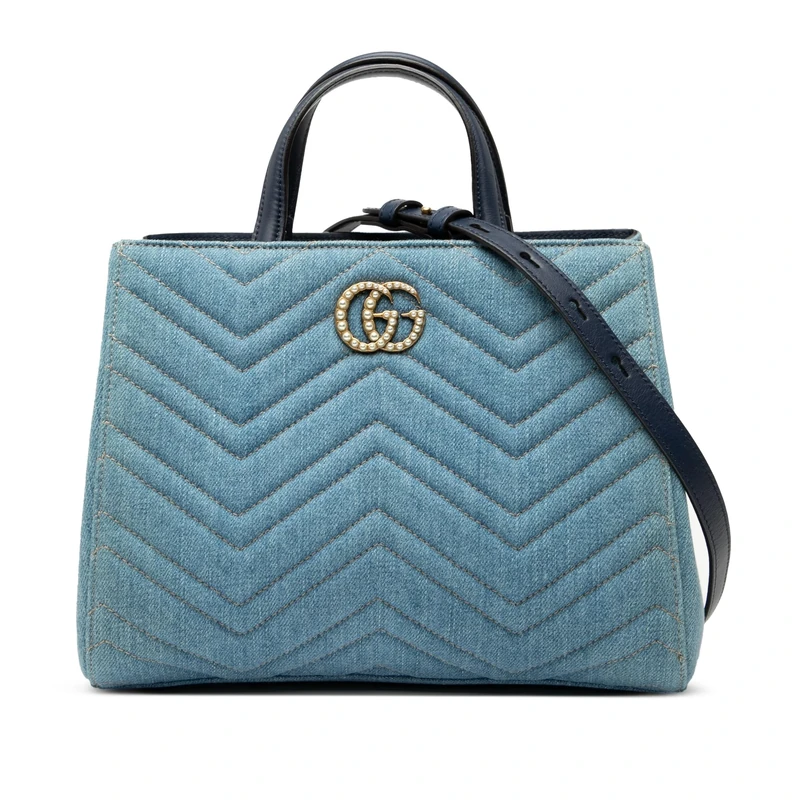 Gucci Pre-Loved Small GG Marmont Matelasse Denim Pearly Satchel Handbag