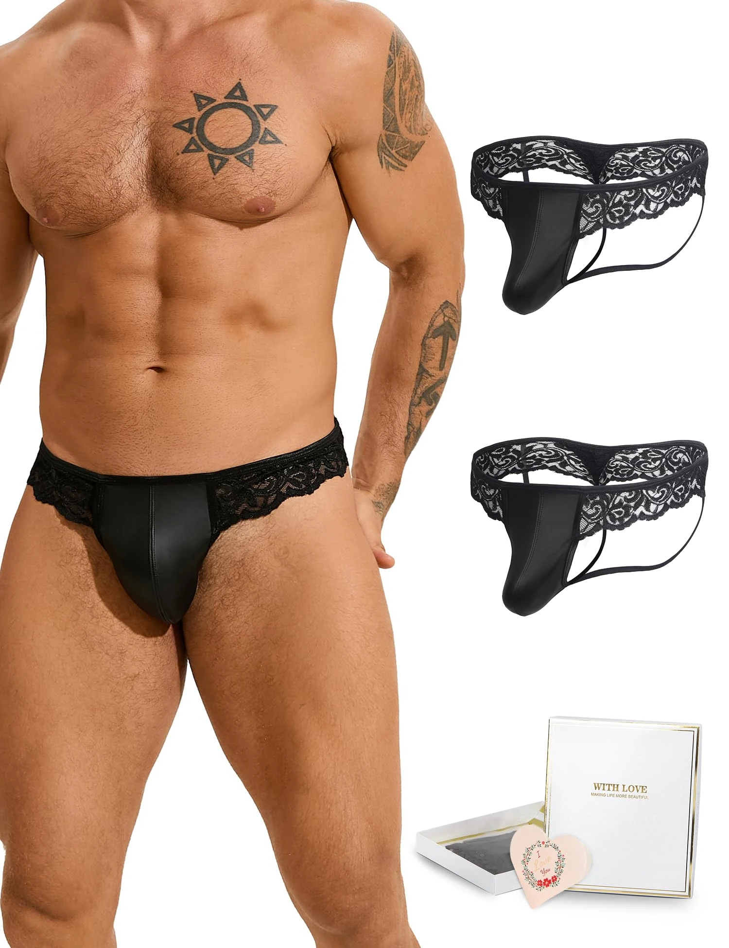 ohmydear Men's Thong Underwear Multipack Bulge Pouch Jock Straps for Men T-back Male Lingerie Lace G-String Panties Plus Size Black Bikini Briefs