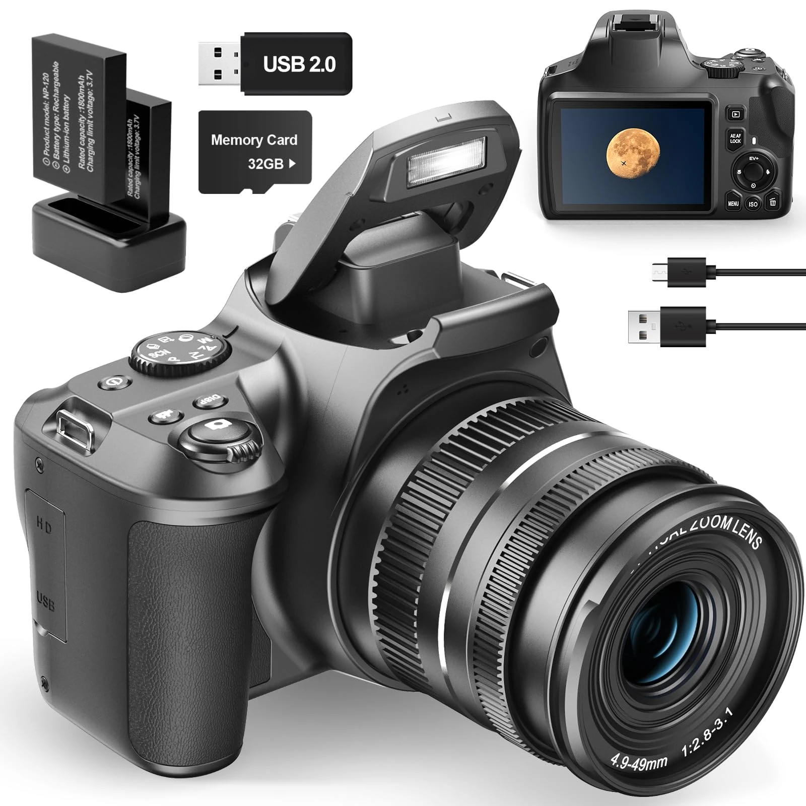 64MP 4K Digital Camera with 40X Total Zoom (10X Optical + 4X Digital), Compact Vlogging Camera for YouTube with WiFi, HDMI Output, Flash, 32GB SD Card & 2 Batteries (Black)