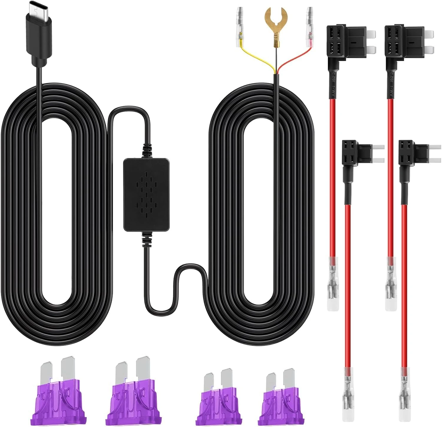 Dash Cam Hardwire Kit, USB-C 3 Lead Hard Wire with ACC Fuse, 12V-24V to 5V Charger Power Cord, Low Voltage Protection Type-C Hard Wiring for Dashcam GPS Radar Detectors (3.2 Meter)