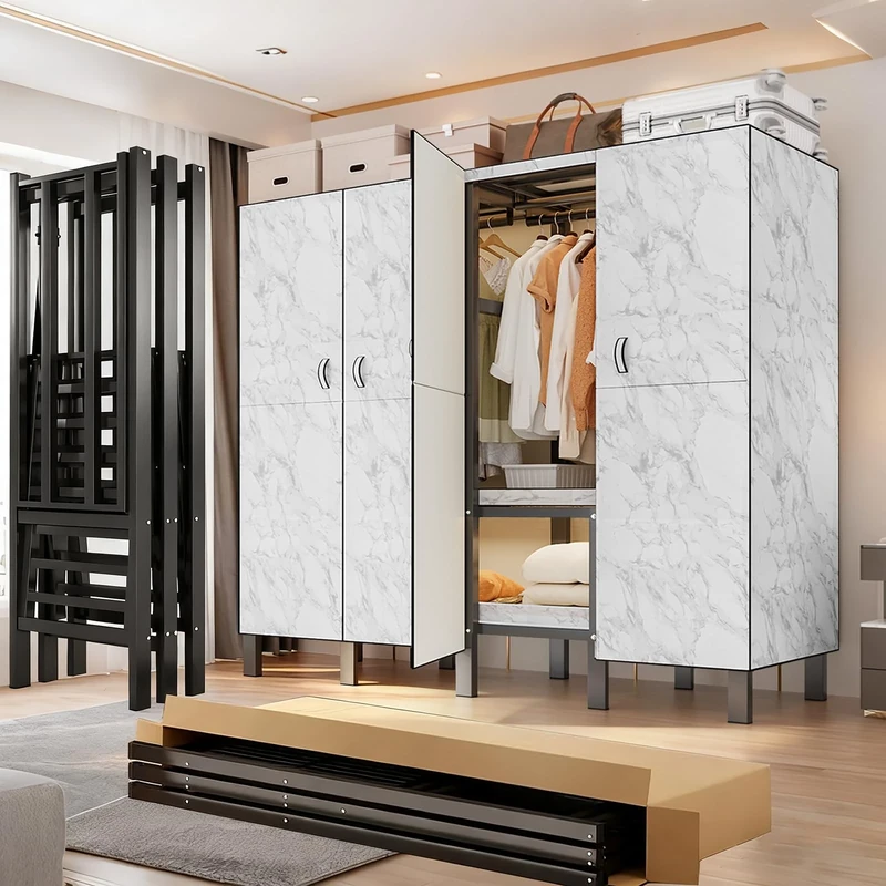 FPIGSHS Foldable Portable Wardrobe Closets with Magnetic Door Load 500kg Heavy Duty Clothe Rack for Hanging Clothes Freestanding Clothing Metal Garment Rack Closet System (WHITE, 180CM)