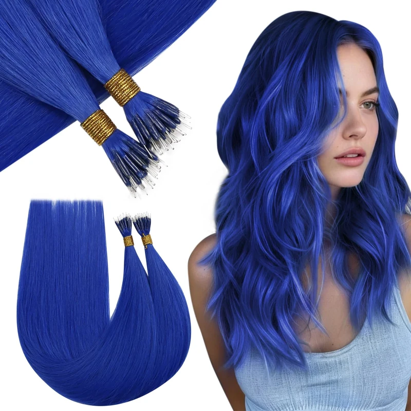 RUNATURE Blue Nano Hair Extensions Real Human Hair Nano Beads Blue Hair Extensions Real Hair Nano Ring Hair 16Inch 50g/50s