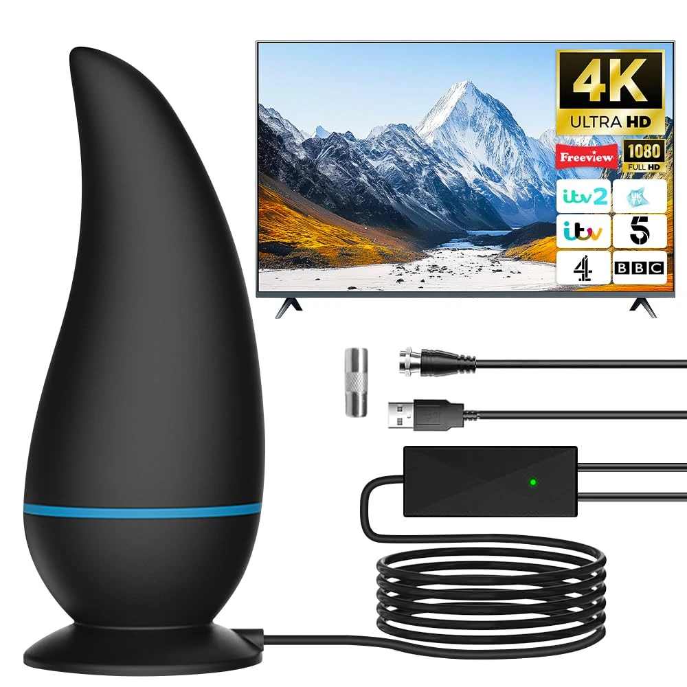 BEHUX 2025 Indoor TV Aerial, TV Ariels Indoor for Long Range Reception, Freeview Aerial with Signal Booster for All Smart/Old TVs, Easy Installation, Digital TV Antenna Supports 4K 1080P HD