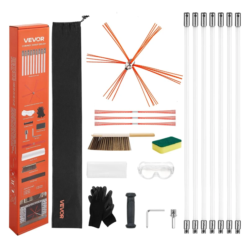 VEVOR Chimney Sweep Kit, 23 ft Maximum Extendable Length Chimney Brush, Chimneys Cleaning Kit with Bristle Replacements & Goggles, 90° Bendable Fireplace Cleaning Tool, for Square, Rectangle Chimneys