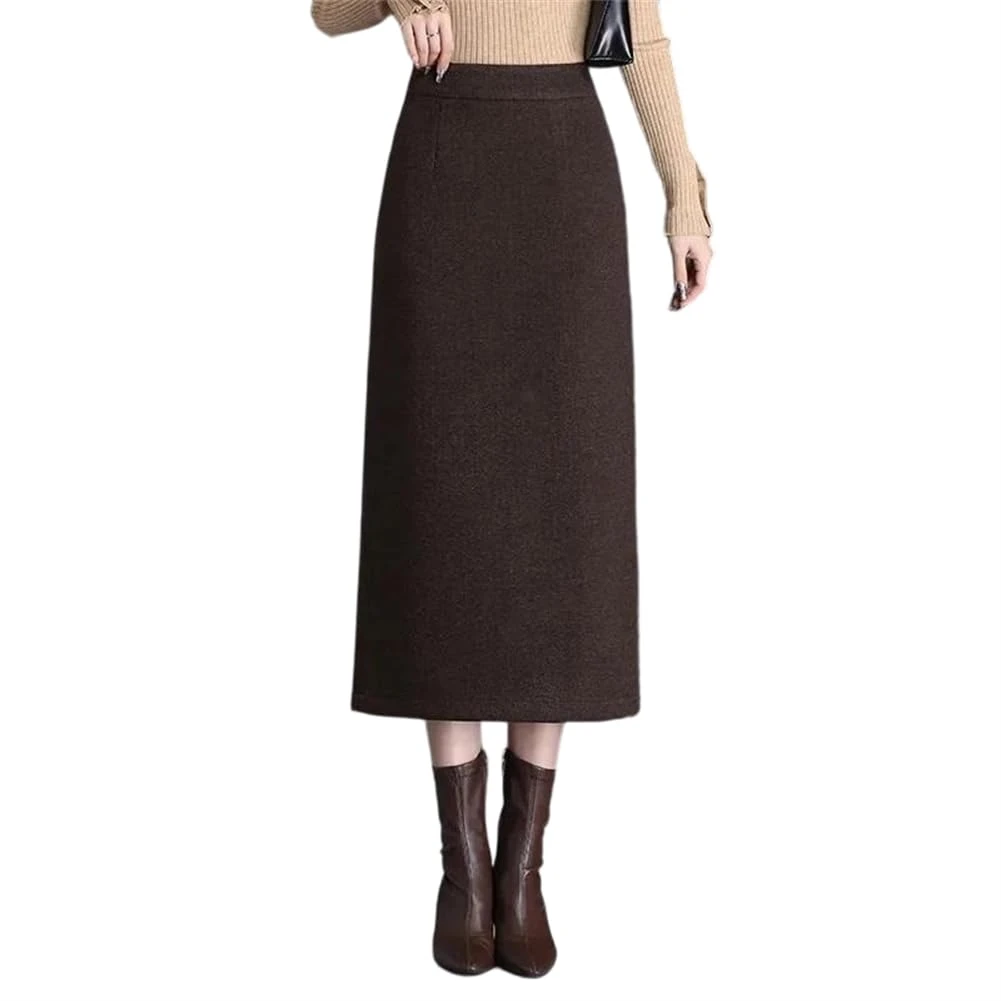 Vsadsau Women High Waist Straight Cut Skirts Silk Solid Color Mini Skirt Fall Winter Back Slit Midi Skirt Brown
