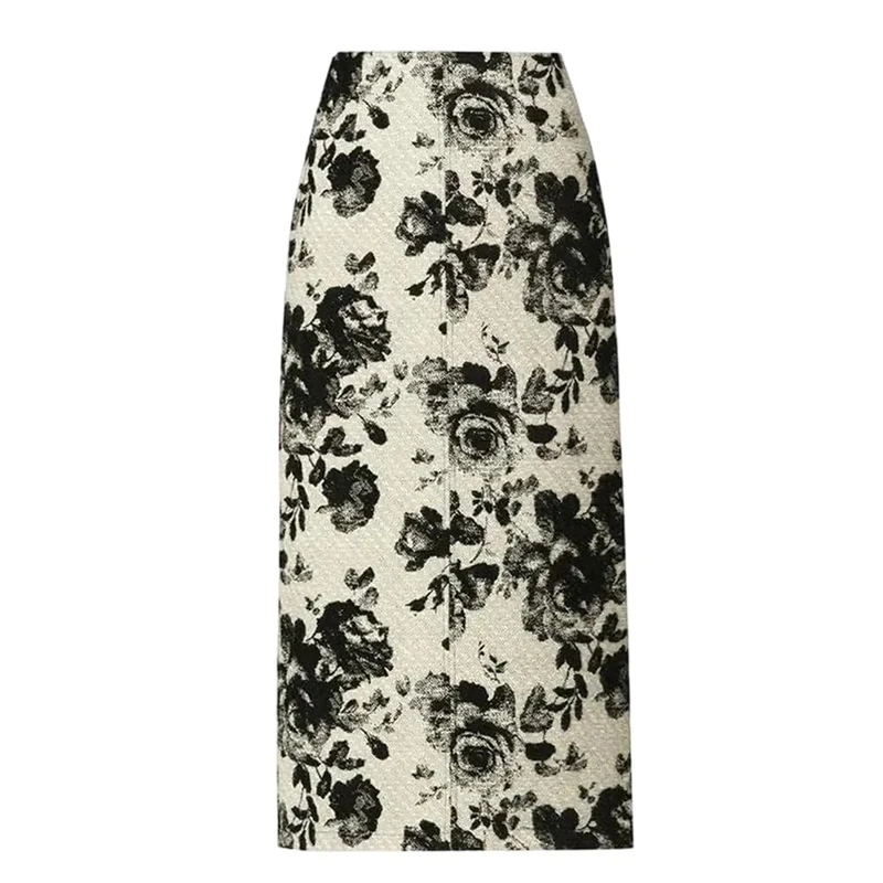 Vsadsau Women Print Woolen Mini Skirt Fall Winter High Waist Skirts Back Slit Straight Cut Skirt