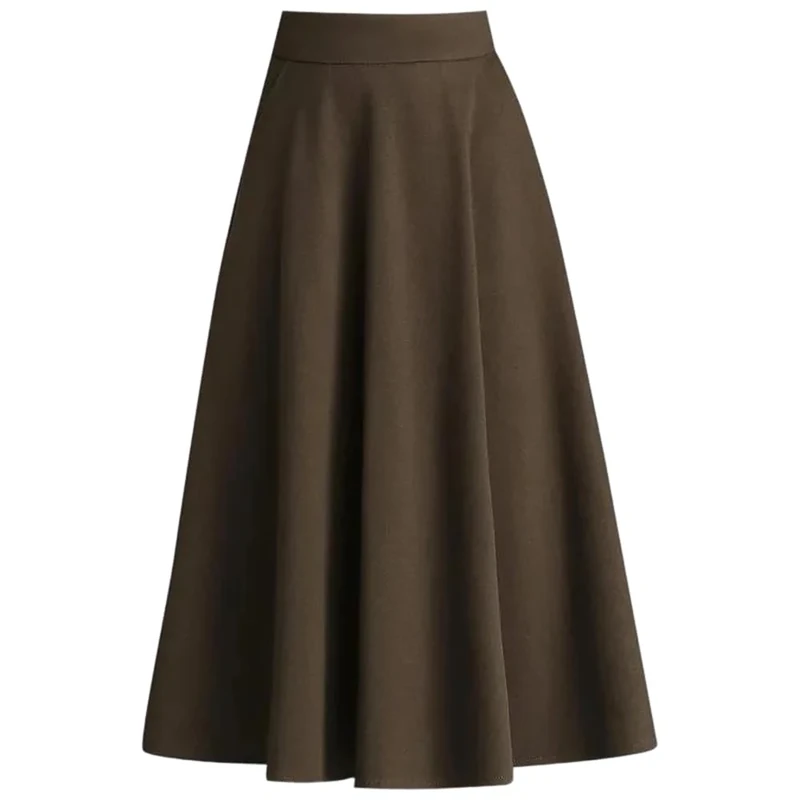 Vsadsau Women High Waist Woolen Skirts A Line Mini Midi Skirt Drawstring Decoration Office Lady Work Skirt Brown