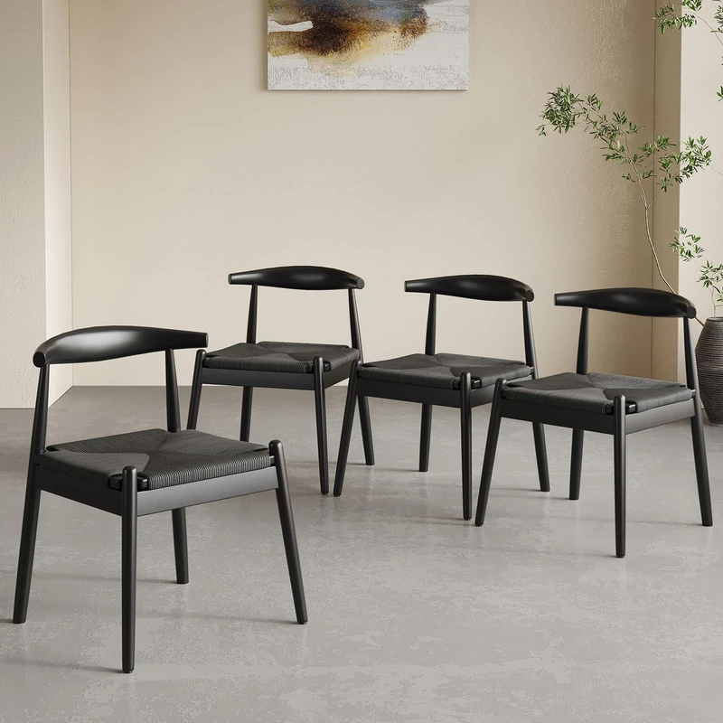 Farini Dining Chairs Set of 4, Mid-Century Modern Kitchen Chair with Solid Oak Frame for Dining Room, Black