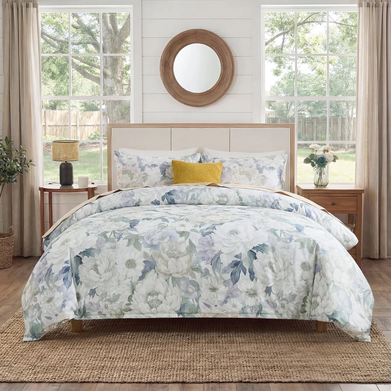 Cozaline 100% Cotton Duvet Cover King Size – Peony Flowers Floral Duvet Cover Set with Zipper Closure & Corner Ties, 3-Piece Luxury & Silky Soft Bedding Set for All Seasons