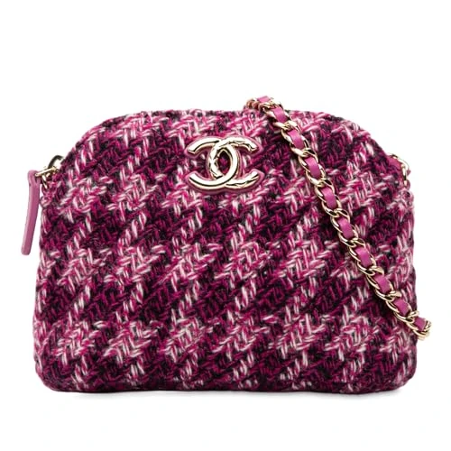 Pre-Loved CC Tweed Houndstooth Clutch On Chain