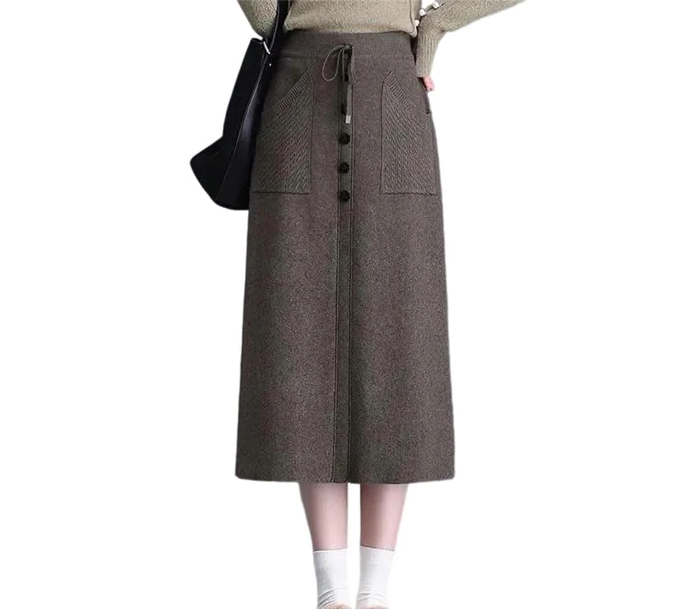 Vsadsau Women High Waist Wrap Body Skirts Thick Knitted A Line Mini Skirt Fall Winter Long Woolen Skirts Gray