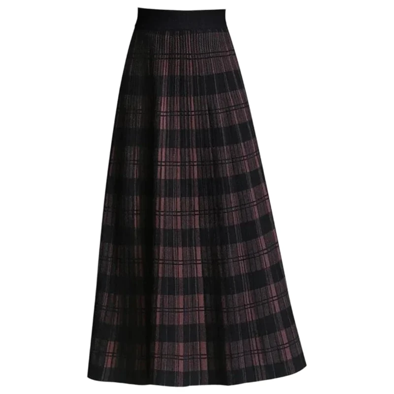 Vsadsau Women Plaid Knitted Skirt A Line Mini Skirts Fall Winter Wool Pleated Midi Skirt