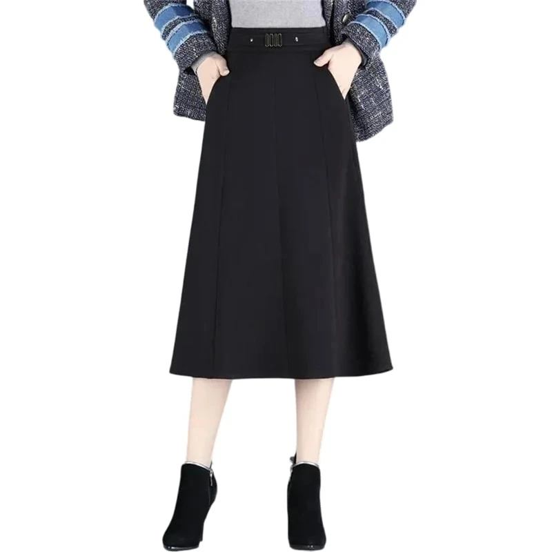 Women High Waist Pleated Skirts Woolen A Line Mini Midi Skirt Office Lady Business Solid Skirts Black
