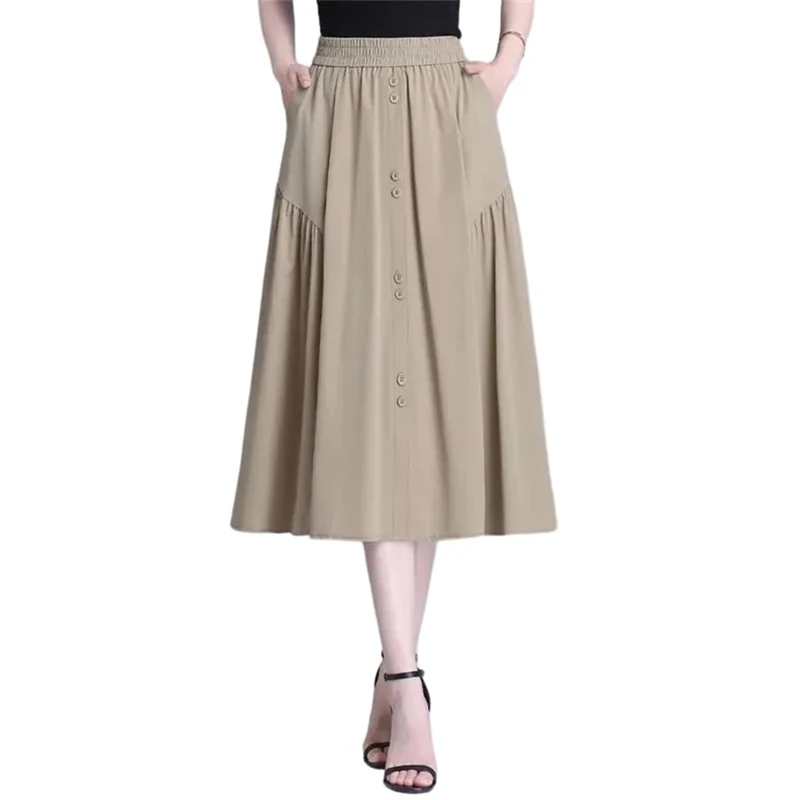 Women Solid Elastic Waist Skirts A Line Mini Skirt Button Seven Quarter Length Casual Skirts Khaki