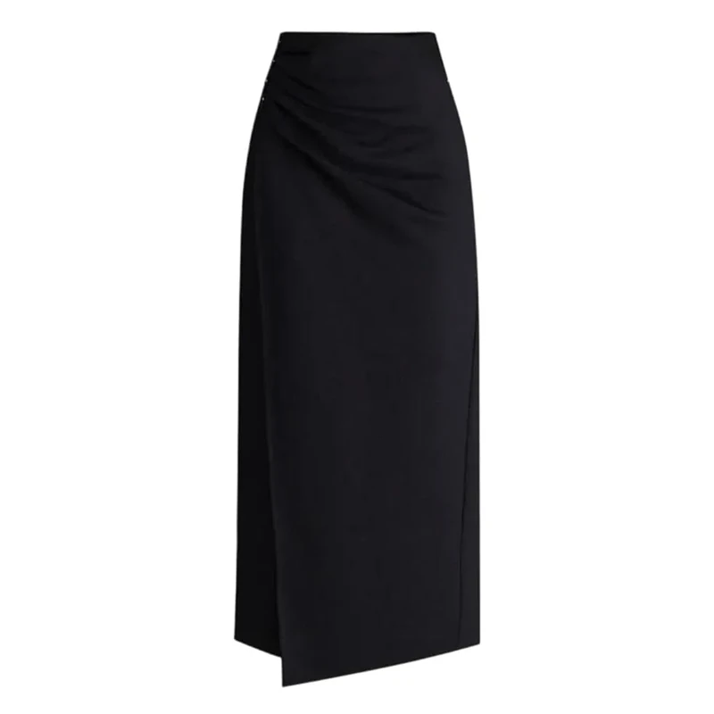 Vsadsau Women High Waist Asymmetrical Skirts Straight Cut Mini Skirt Fall Winter Professional Midi Skirts Black