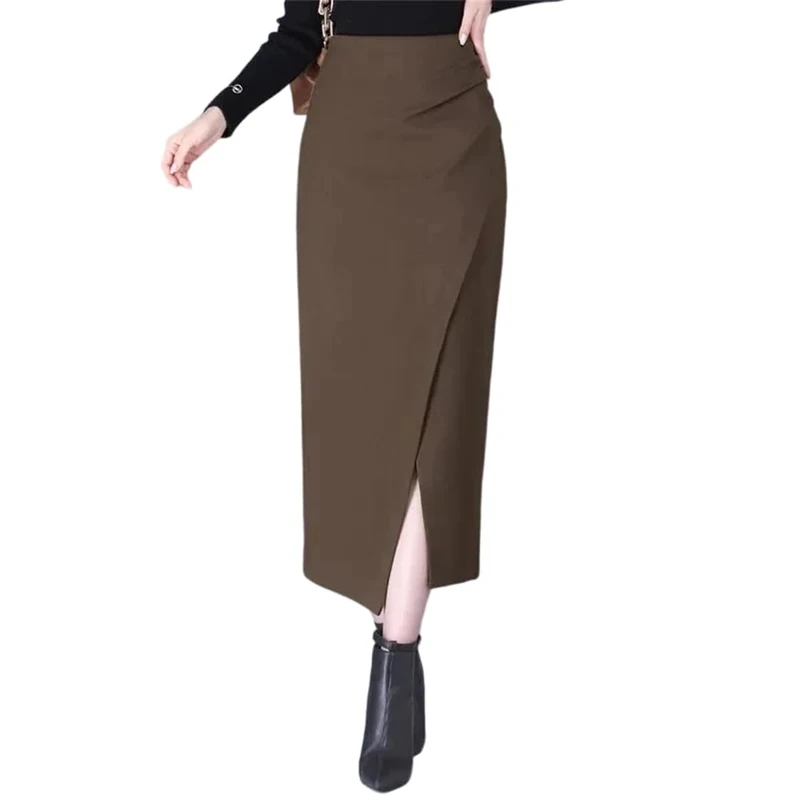 Vsadsau Women High Waist Woolen Skirt Mini Midi Fall Winter Skirt Slim Straight Cut Side Slit Skirts Brown