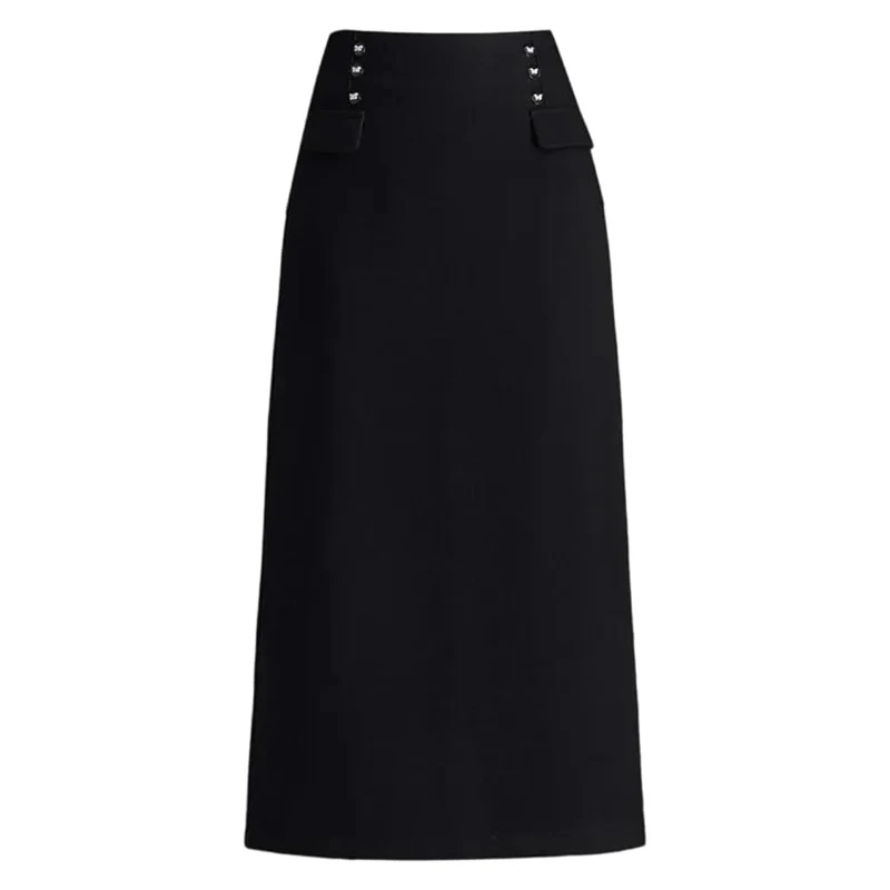 Women Straight Woolen Skirts Solid Mini Mid Length Skirt Fall Winter Wrap Hip Open Split One Step Skirts Black