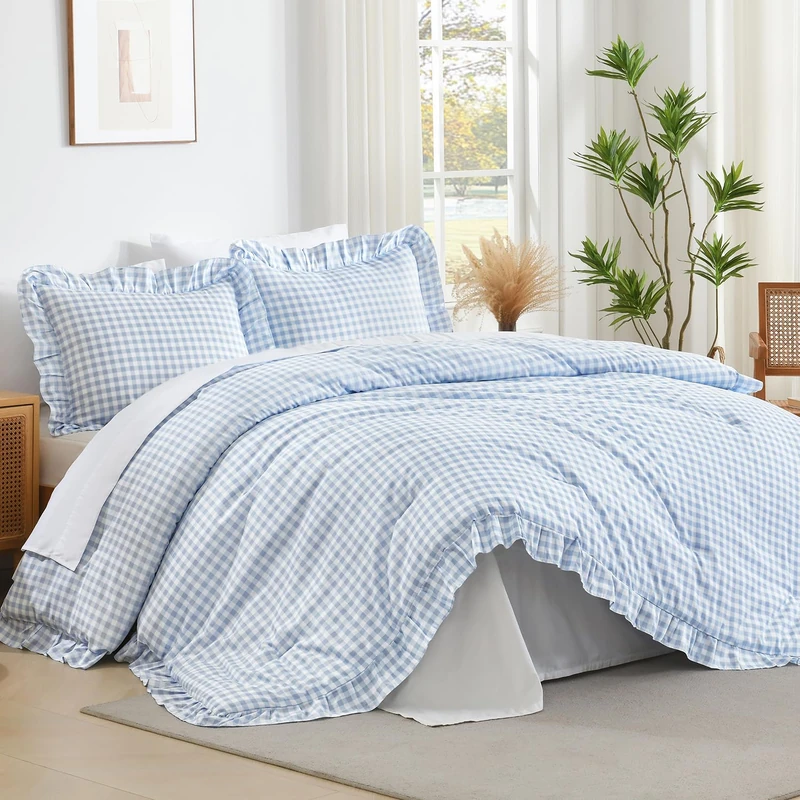 Andency Blue Gingham Ruffle Comforter Full, 3 Pieces Vintage Bedding