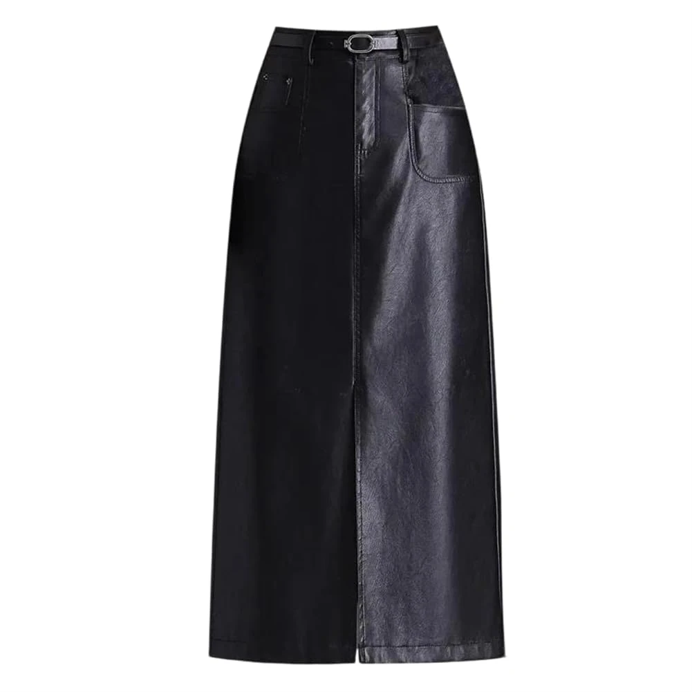Vsadsau Women High Waist Slit Skirts Slim Black Pu Leather Mini Skirt Fall Winter Midi Skirts