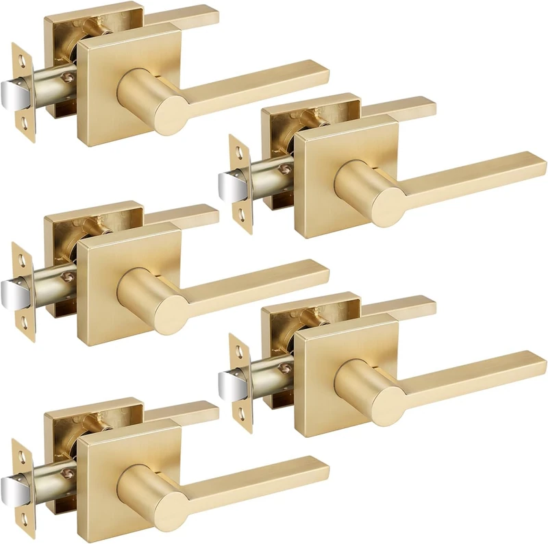 EHOMEWARE 5 Pcs Interior Satin Brass Door Knobs, Gold Passage Door Handle, Modern Closet Door Knobs in Satin Brass Finish, Keyless Door Levers Heavy Duty Door Handle Set, Sleek Door Hardware & Locks