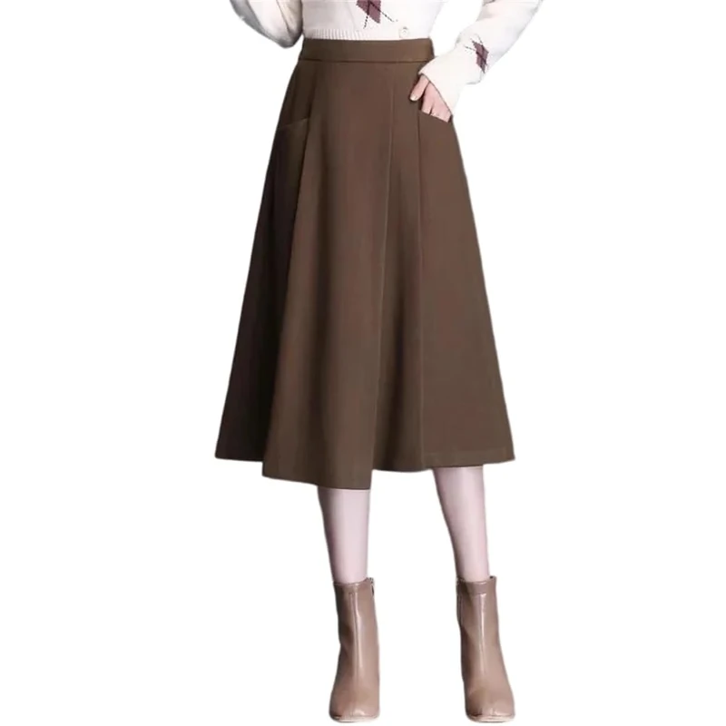 Vsadsau Women High Waist Slim Skirt Asymmetrical Woolen A Line Skirts Mini Fall Winter Pleated Midi Skirt Brown