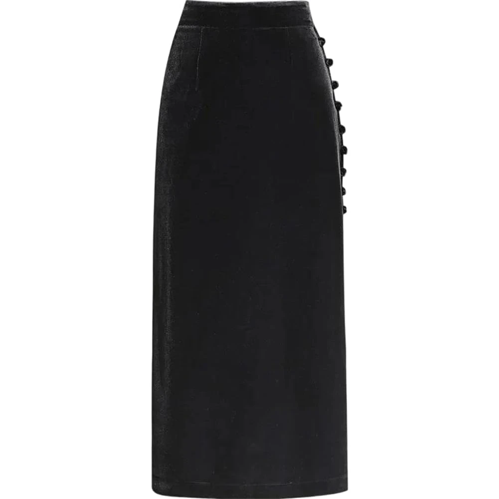 Women Black Fleece Skirts Mini Fall Chinese Style Straight Skirt High Waist Office Lady Work Skirt