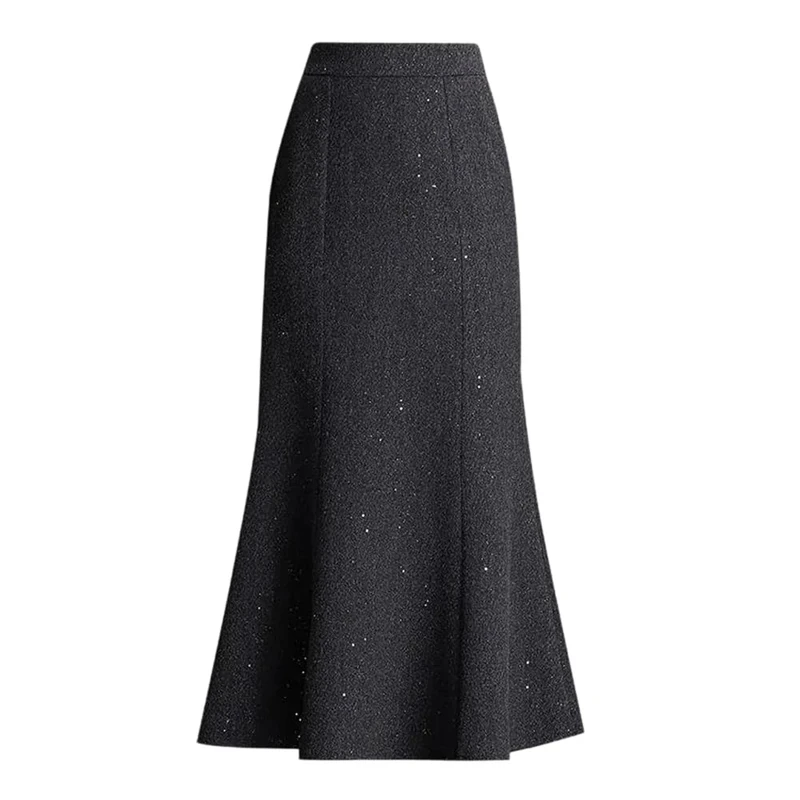 Women Sequin Wrap Around Skirt Solid Mini Fish Tail Skirt Fall Winter French Style Half Body Skirts Gray