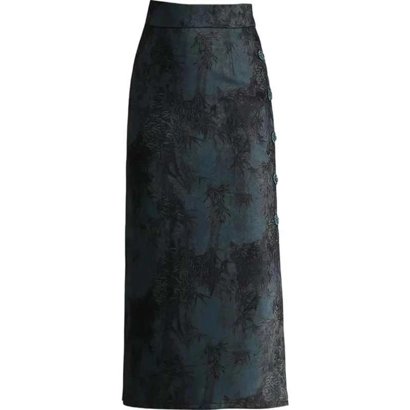 Vsadsau Women High Waist Floral Print Mini Skirt Fall Winter Mid Length Skirts Slim Split One Step Skirt