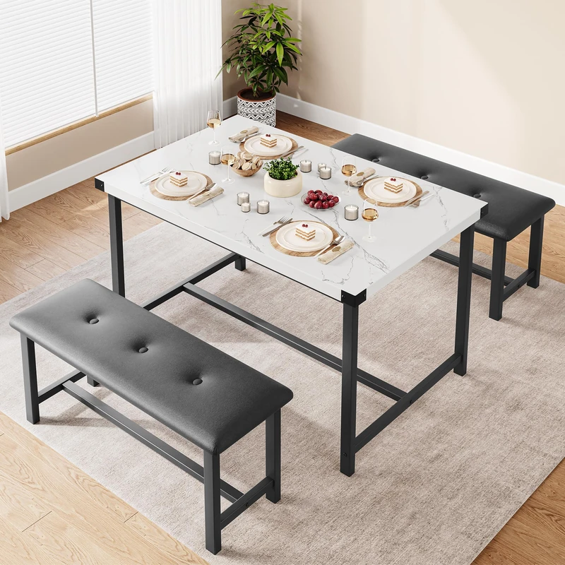 GarveeHome Dining Table with 2 Benches, 3 Piece Kitchen Table Set, Space Saving Dining Room Furniture, Metal Frame, for Kitchen Home Restaurant Bistro Patio Garden, 70D x 113W x 75H cm