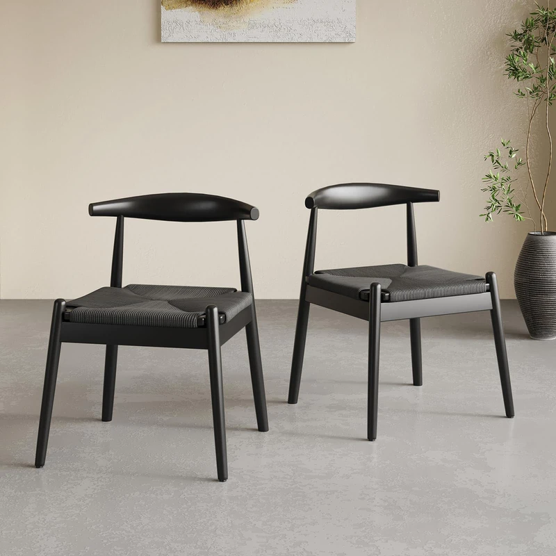 Farini Dining Chairs Set of 2, Mid-Century Modern Kitchen Chair with Solid Oak Frame for Dining Room, Black