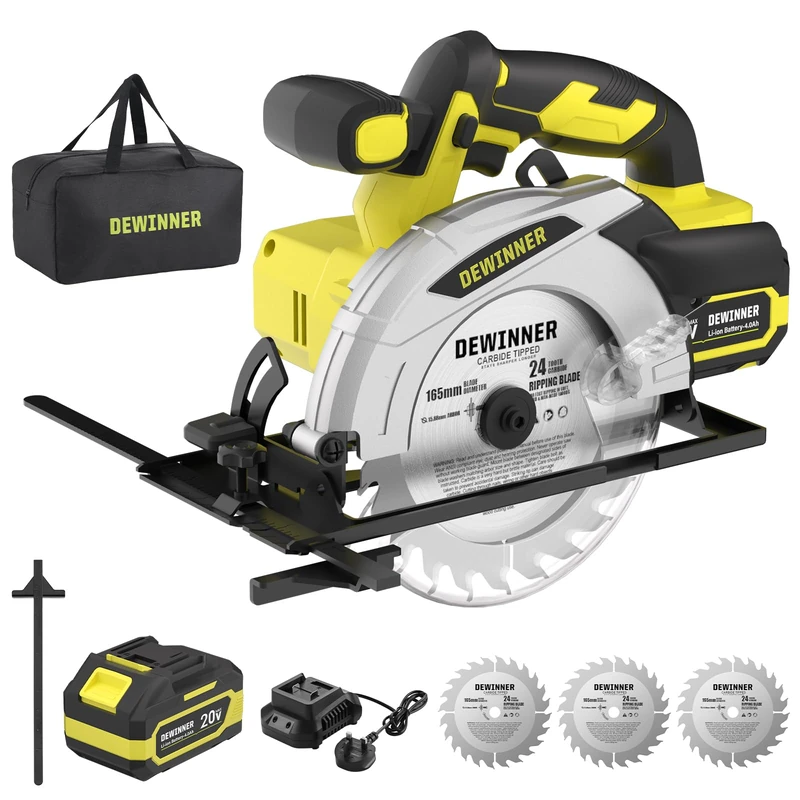 DEWINNER Cordless Circular Saw with 4.0Ah Lithium-Ion Batteries,4000RPM Electric Circular Saw with Electric Brake,Max38mm (45°),54mm (90°),3 * 165mm 24T Blades,Canvas Bag (One Battery)