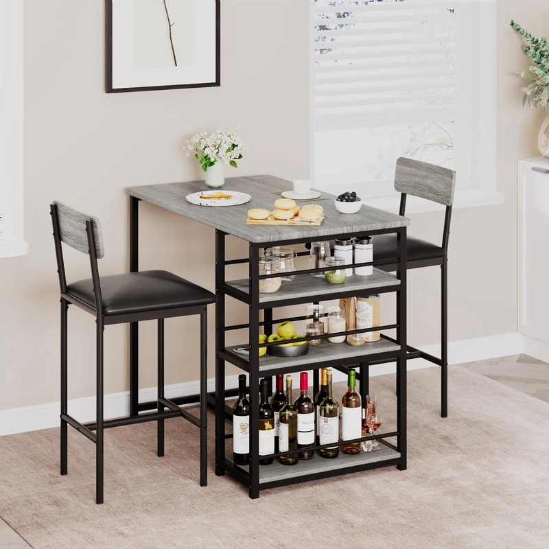 GarveeHome 3 Pieces Bar Table Set, Kitchen Table with 2 Upholstered Stools & 3 Storage Shelves, Counter Height Dining Table Set, Breakfast Dining Furniture Set for Apartments Bistros Dining Room