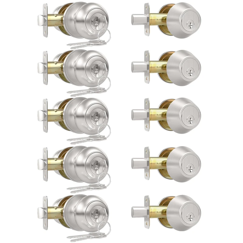 AEEKEL Exterior Door Knob with Key for Front Door Lock Set, 5 Pack Keyed Alike Entry Door Knob and Single Cylinder Deadbolt Set, Brushed Nickel Bedroom Door Knobs with Lock and Key