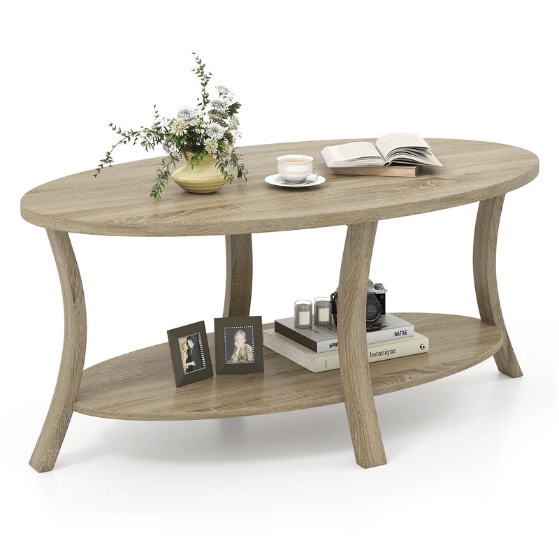FANTASK Coffee Table, 2-Tier Side Table, Sofa Table, Coffee Table for Living Room, Office, Reception Area, 111 x 60.5 x 47 cm, Oak - Image 1