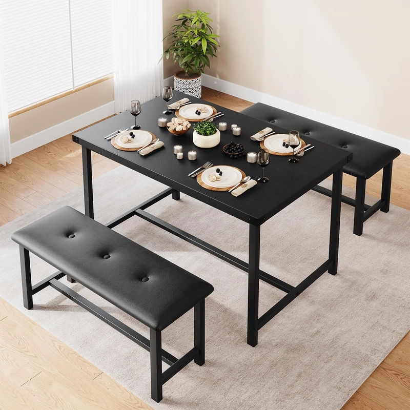 GarveeHome Dining Table with 2 Benches, 3 Piece Kitchen Table Set, Space Saving Dining Room Furniture, Metal Frame, for Kitchen Home Restaurant Bistro Patio Garden, 70D x 113W x 75H cm