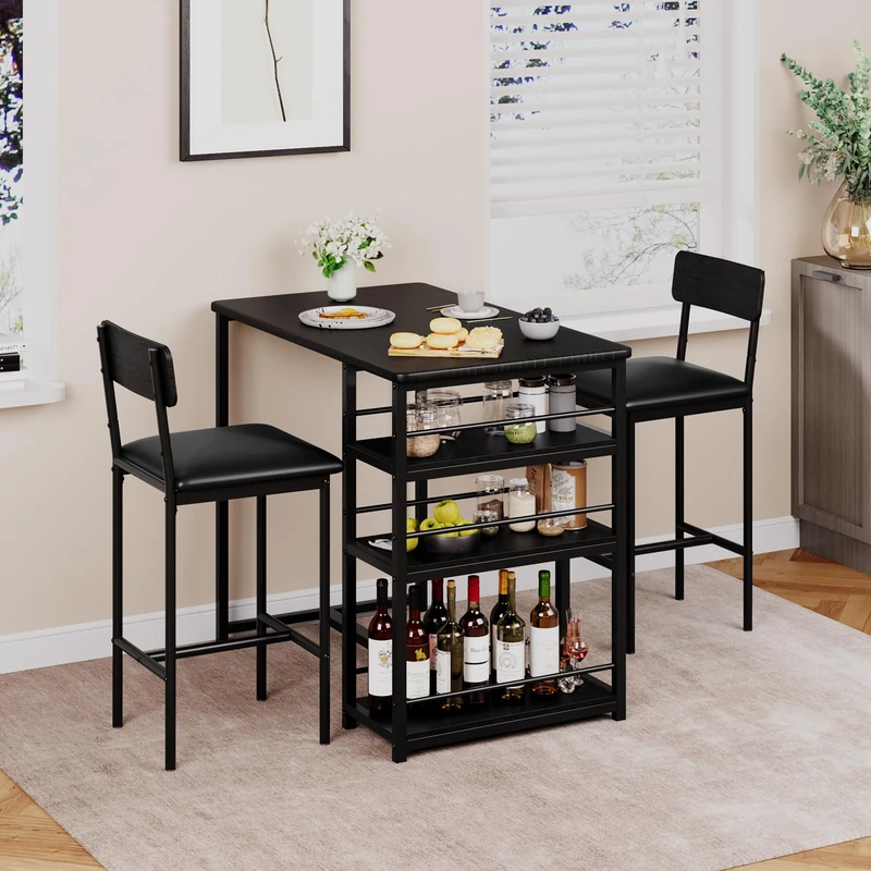 GarveeHome 3 Pieces Bar Table Set, Kitchen Table with 2 Upholstered Stools & 3 Storage Shelves, Counter Height Dining Table Set, Breakfast Dining Furniture Set for Apartments Bistros Dining Room