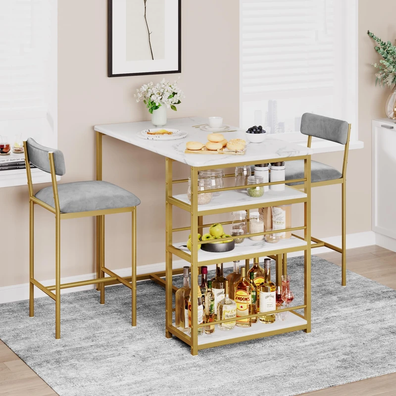 GarveeHome 3 Pieces Bar Table Set, Kitchen Table with 2 Upholstered Stools & 3 Storage Shelves, Counter Height Dining Table Set, Breakfast Dining Furniture Set for Apartments Bistros Dining Room