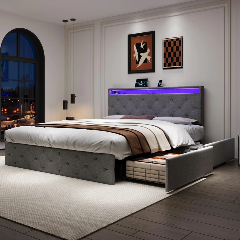 Ball & Cast Upholstered Double Bed with 4 Storage Drawers, Double Bed with LED Lighting, LED Lighting, Adjustable Button Tufted Headboard with USB & Type-C Charging Ports, Linen, Drak Grey,135x190cm