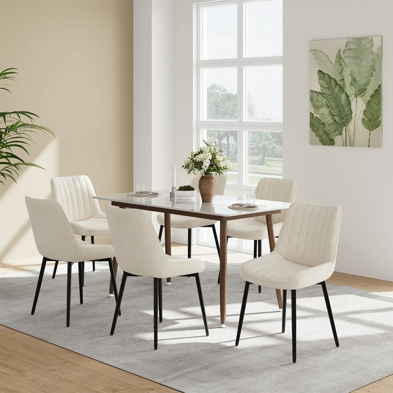 COLAMY Velvet Dining Chairs Set of 6, Velvet Chairs for Dining Room with Metal Legs and Thick Seat Cushion, Upholstered Kitchen Chair with Anti-Slip Pads, Beige